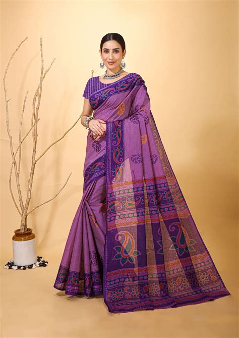 Chandni - Purple Cotton Kairi Print Saree – DoriDhaga