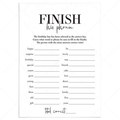 Finish His Phrase Mens Birthday Party Game Printable | Instant Download ...