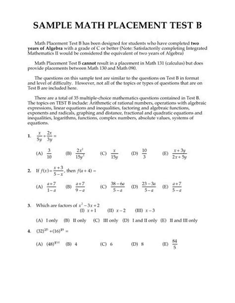 Image result for Math Placement Test Sample
