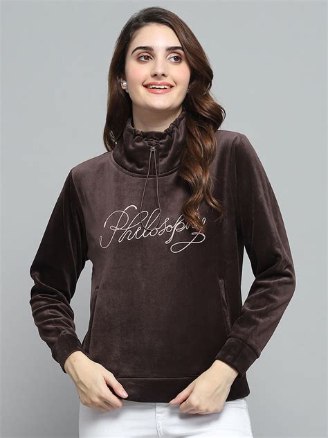 Buy Women Brown Self Design Mock Neck Full Sleeve Sweatshirt Online in ...