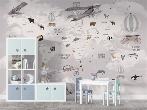 World Map Kids Room Wall Mural Kids Map Wallpaper Children - Etsy