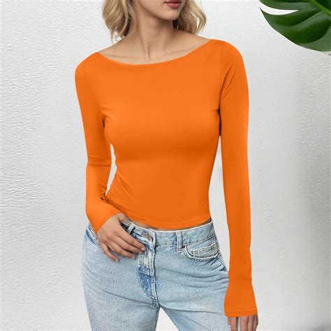 Aobny Slim Tshirt Women Boat Neck Orange Long Sleeve Shirts Blouse ...