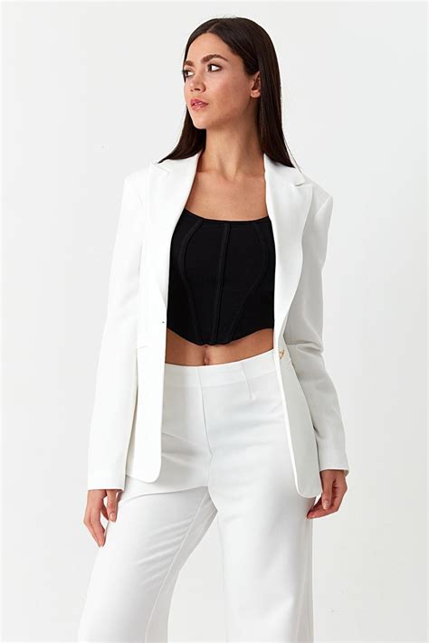 Beyaz Gold Düğmeli Blazer Ceket | Select Moda