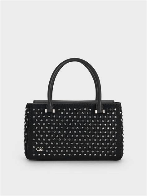 Noir Suede & Leather Studded Cut-Out Tote Bag - Noir - CHARLES & KEITH IN