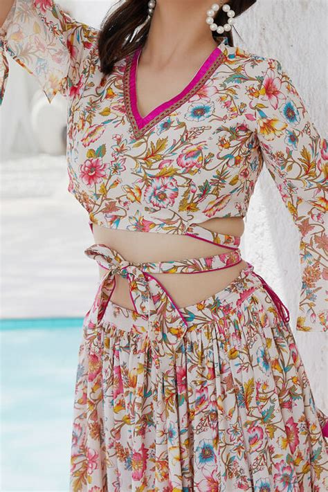 Off-White & Pink Floral Printed Flared Lehenga Set at Biba India