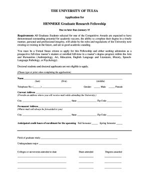 Fillable Online graduate utulsa HENNEKE Graduate Research Fellowship ...