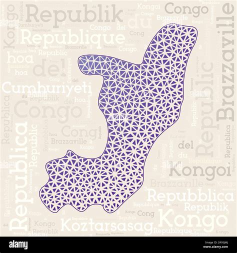 Congo map design. Country names in different languages and map shape with geometric low poly ...