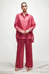 Buy Pink Silk Pearls Shawl Neck Button Down Shirt And Pant Set For ...