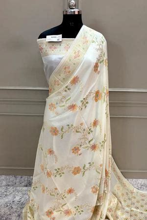 White Shakahari Jaal Georgette Silk Banarasi Saree – Mohsin Textiles