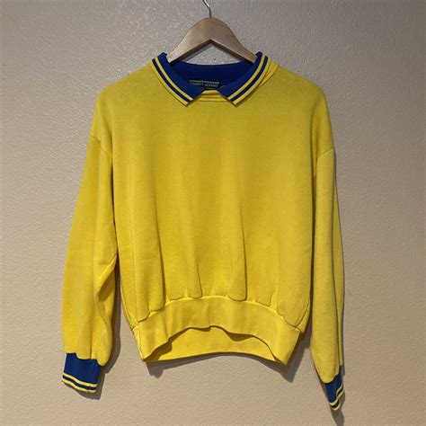 90s Yellow and Blue Sweater - great color... - Depop