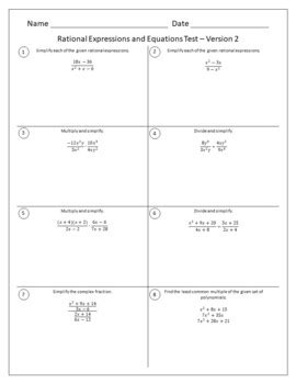Rational Expressions and Equations Tests - Editable Assessments | TPT