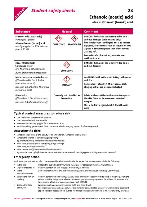 Sss023 Safety Data Sheet: Ethanoic (Acetic) Acid Guidelines - Studocu