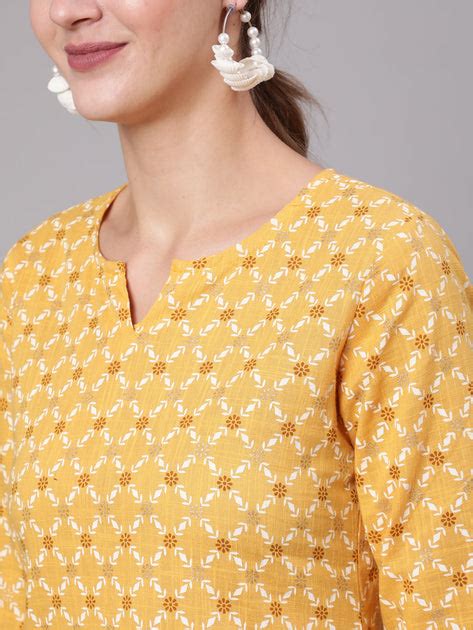 Women Yellow Printed Straight Tunic With Three Quarter Sleeves – Nayo ...
