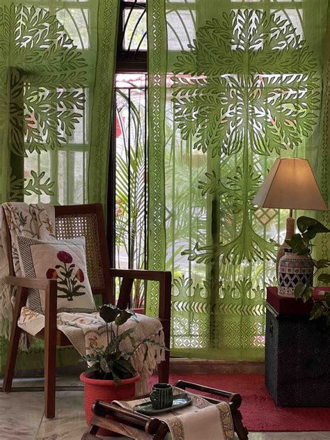 LIME-GREEN ORGANDY APPLIQUE Curtain-7ft