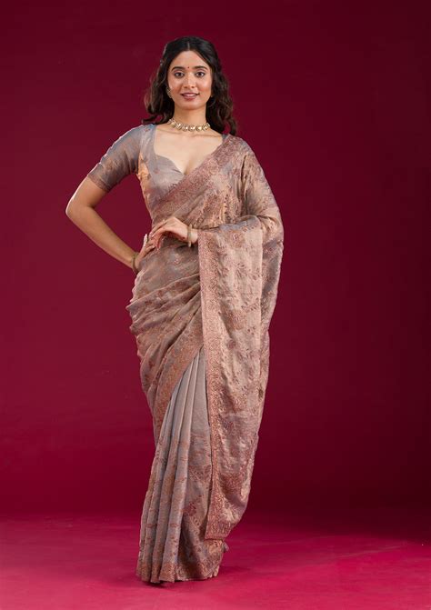 Buy Light Brown Threadwork Raw Silk Saree - Koskii