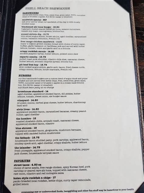 Carta del pub y bar Shell Beach Brew House, Pismo Beach