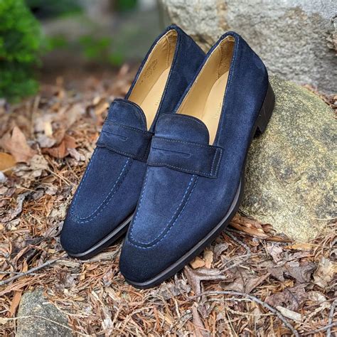 Navy Blue Leather Suede Penny Loafers for Men | The Royale Peacock