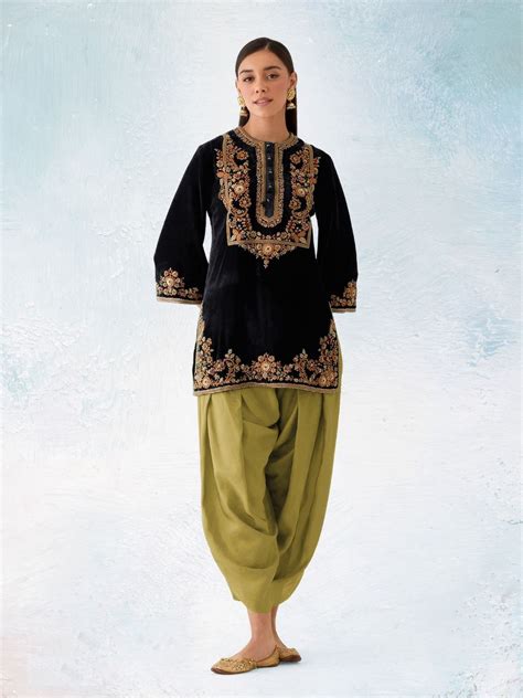 Odette Black Velvet Embroidered Semi-Sitched Kurta Set For Women