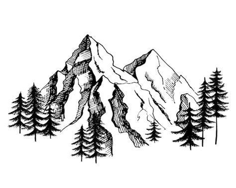 Berg mit Tannenbäumen am unteren Nachtgrafik-Schwarz-Weiß ...