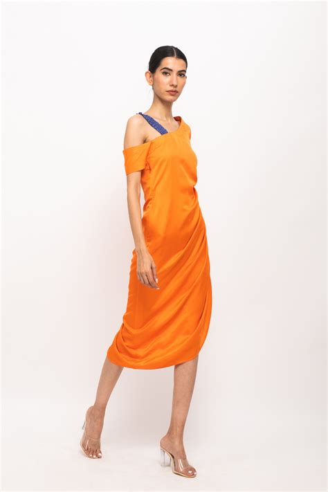 Neora By Nehal Chopra - Orange and Blue Rouching Dress - Elahe