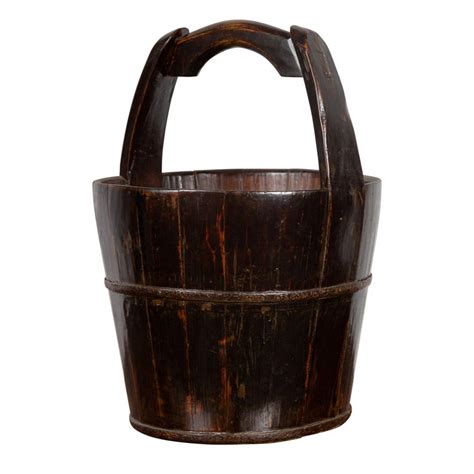 19th Century Southern Chinese Wooden Bucket with Large Handle and Metal ...