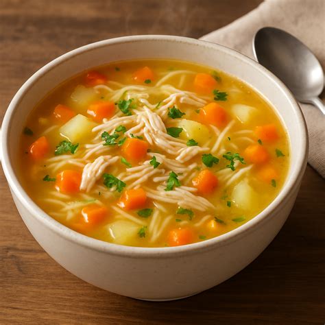 Sopa de pollo con fideos