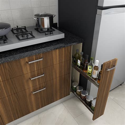 An L-Shaped Kitchen In Brown Teak Finish Laminate – Qarpentri