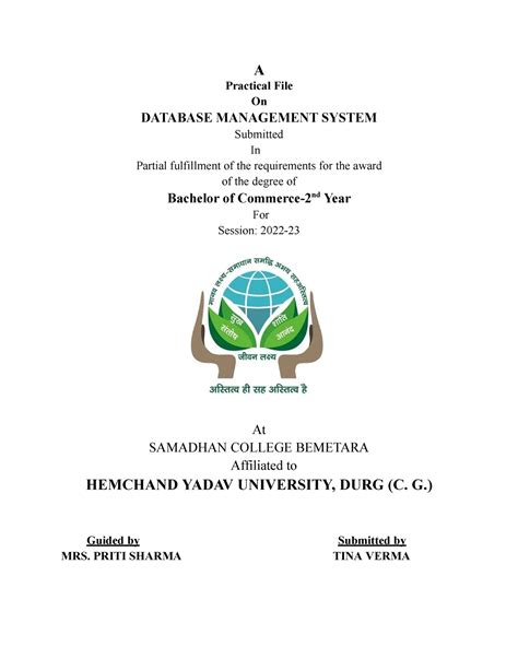 TINA DBMS - A Practical File On DATABASE MANAGEMENT SYSTEM Submitted In ...