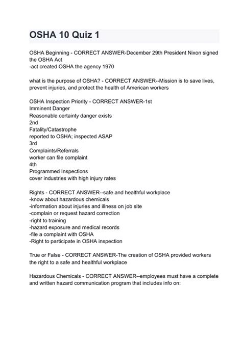 OSHA 10 Quiz 1 Questions and answers 2024 - OSHA 10 uiz 1 - Stuvia US