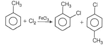 Toluene reacts with halogen in presence of Iron (III) chloride giving ...