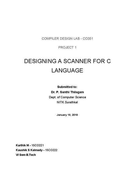 Compiler Design Lab - CO: Project Report on C Language Scanner - Studocu