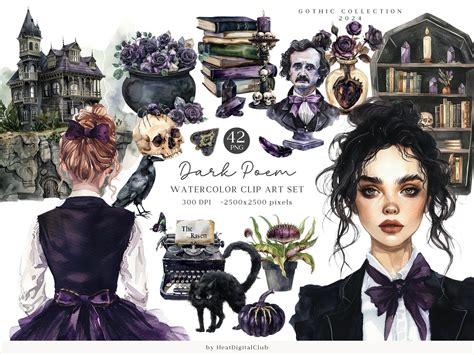 Watercolor Dark Poem Clip Art, Edgar Allan Poe Clipart Set, Vintage ...