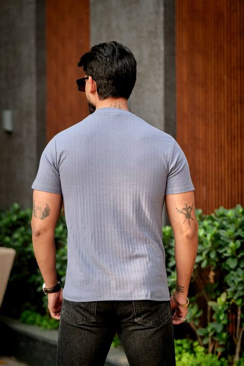 Blue Cotton (Drop Needle) Self Design Henley T-Shirt – Gritstones