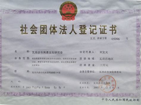 中国瓦房店市周易文化研究会法人登记证书