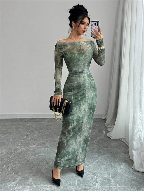 Rafferiza Women's Waist Ruched Off Shoulder Green Tie Dye Mesh Print ...