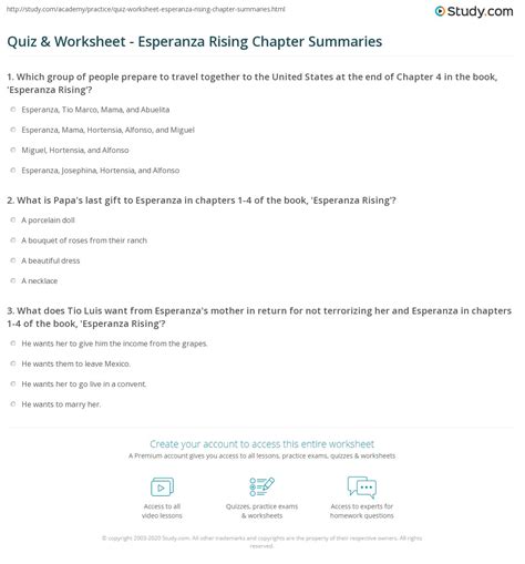 Quiz & Worksheet - Esperanza Rising Chapter Summaries | Study.com