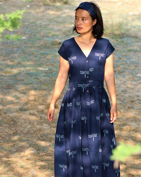 Buy Blue blockprinted dragonfly cotton dress | Bestselling