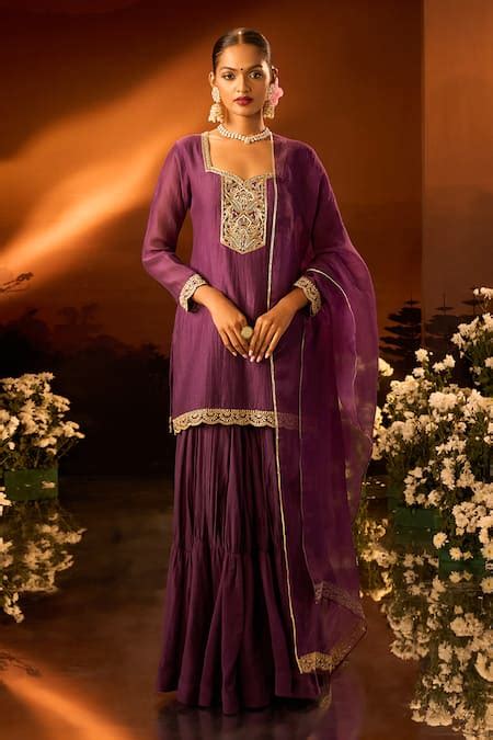 Buy Purple Chanderi, Silk, Organza Embroidery Kurta Gharara Set For ...