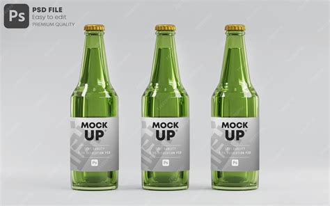 Premium PSD | Three green glass beer bottle mockup template blank 3d render