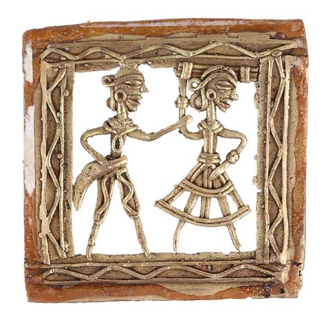Brass Dhokra Art Square Wall Hanging Depicting A Rural Working Couple