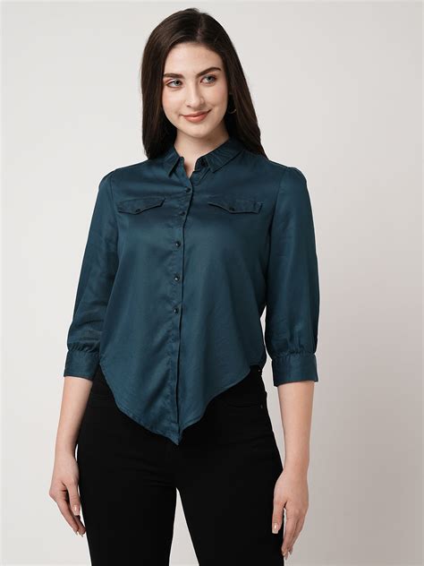 Buy Women Teal Solid Three-Quarter Sleeves Shirts | Kraus Jeans
