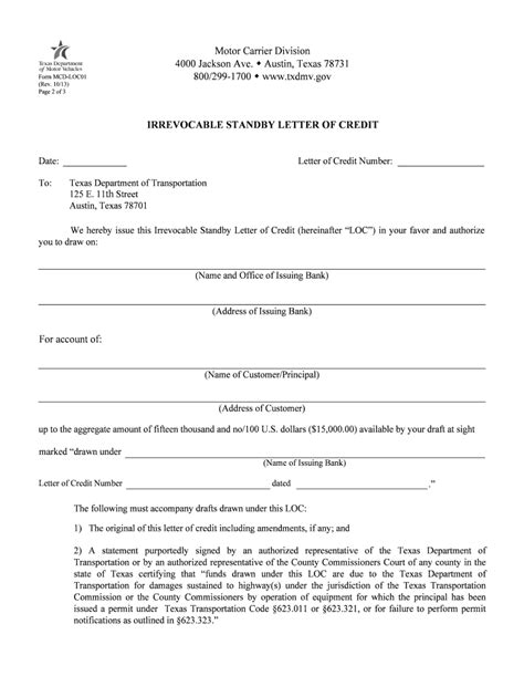 Fillable Online txdmv LOC01 Instructions for Irrevocable Standby Letter ...