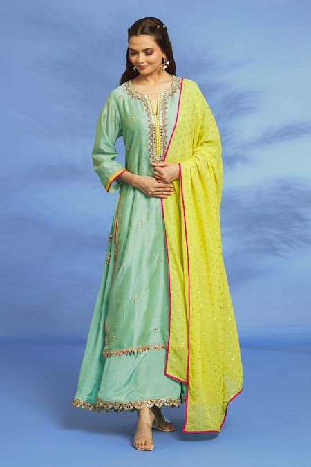 Buy Blue Silk, Chanderi Embroidery, Mirrors Split V-neck Yoke Hand ...