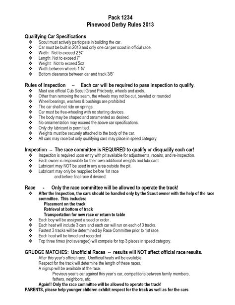Printable Pinewood Derby Rules