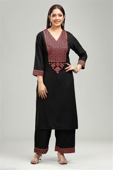 Black Rayon Straight Embroidered Kurta Pant Co ord Set – Cotton Culture