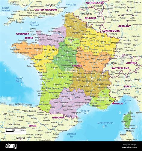 France political map with capital , cities, towns, national borders ...