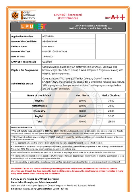 LPUNEST 2025 Scorecard - First Chance Result for Ashish Kumar - Studocu
