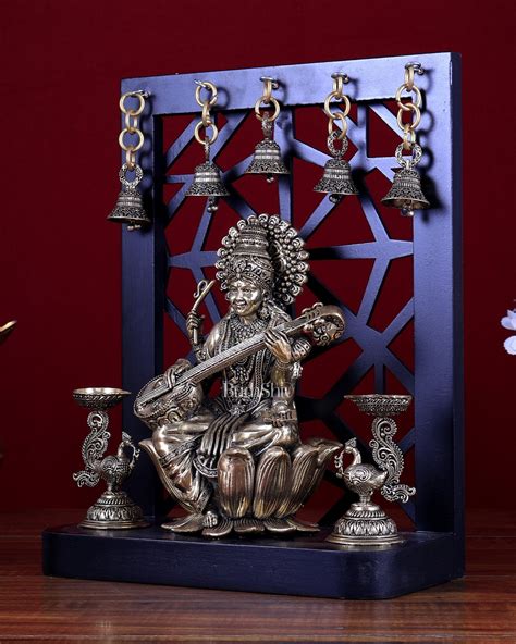 Brass Superfine Goddess Saraswati on Lotus with Annam Lamps & Hanging ...