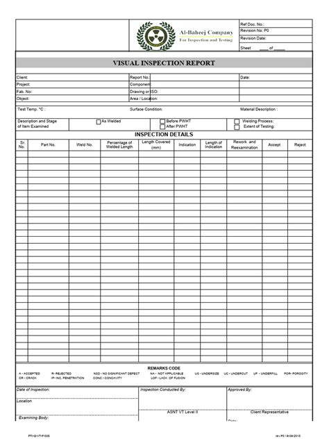 Image result for Visual Inspection Report Form