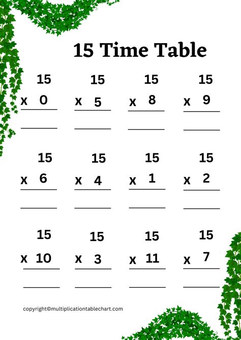 15 Times Table Worksheet | Multiplication Table